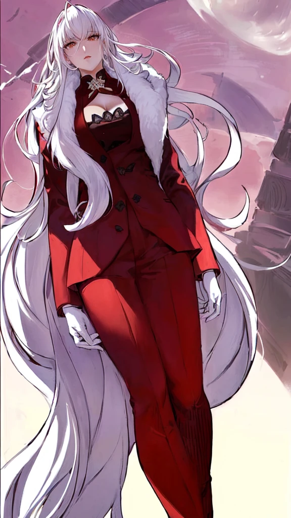 a close up of a woman in a red suit and fur coat, white haired deity, curvaceous body, huge breast , wide waist, tigh tick, official art, with long white hair, white fox anime, crimson attire, zero two, in his suit, with white long hair, official character art, lady gestella from eleceed manhwa, she is wearing a suit, digital art from danganronpa, dapper dream demon, anime cover