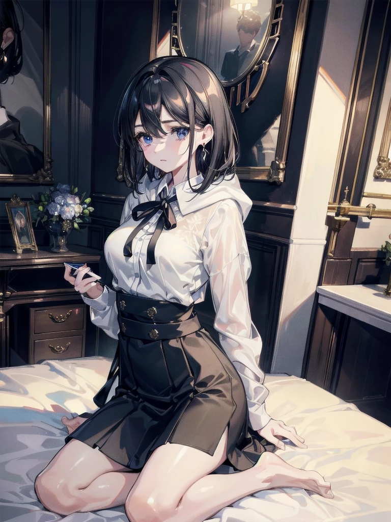 absurdres, RAW photo, extremely delicate and beautiful, masterpiece, Best Quality, ultra high resolution, 32k, hyperrealistic, ultra-detailed, delicate facial features, beautiful detailed woman, tearful mole, earring, medium breasts, full body shot, medium hair, black hair, collared dress shirt in hoodie, skirt,