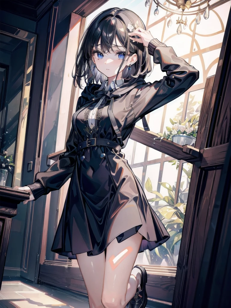 absurdres, RAW photo, extremely delicate and beautiful, masterpiece, Best Quality, ultra high resolution, 32k, hyperrealistic, ultra-detailed, delicate facial features, beautiful detailed woman, tearful mole, earring, medium breasts, full body shot, medium hair, black hair, collared dress shirt in hoodie, skirt,
