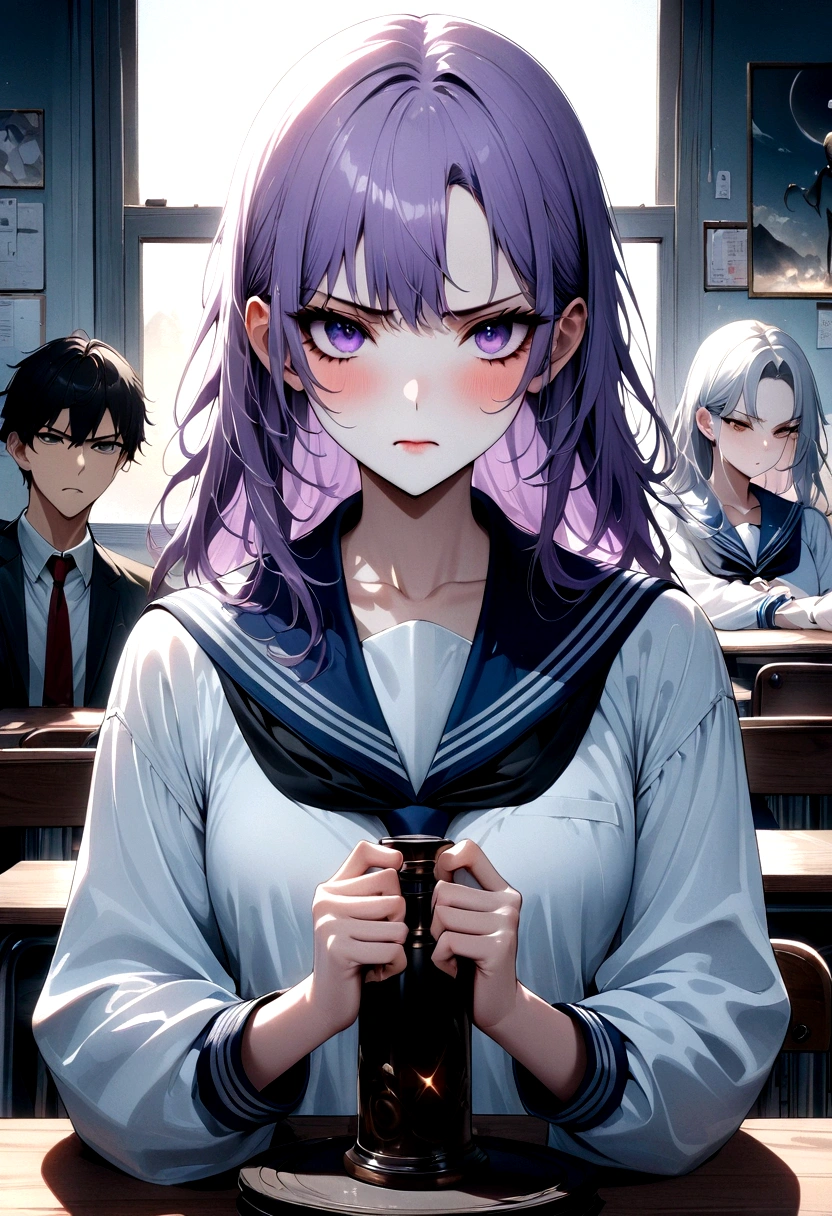A man in a sailor suit、An 18-year-old young woman with long purple hair sits in a classroom (School 1.5 In the background) (Serious expression, Cold 1.5) (best quality: 1.1) (masterpiece: 1.3) with an unparalleled masterpiece, Surreal 8K, Perfect work of art, Super Detail, best quality, masterpiece 4K wallpaper aesthetics, masterpiece, Award-winning works, Official Art, light