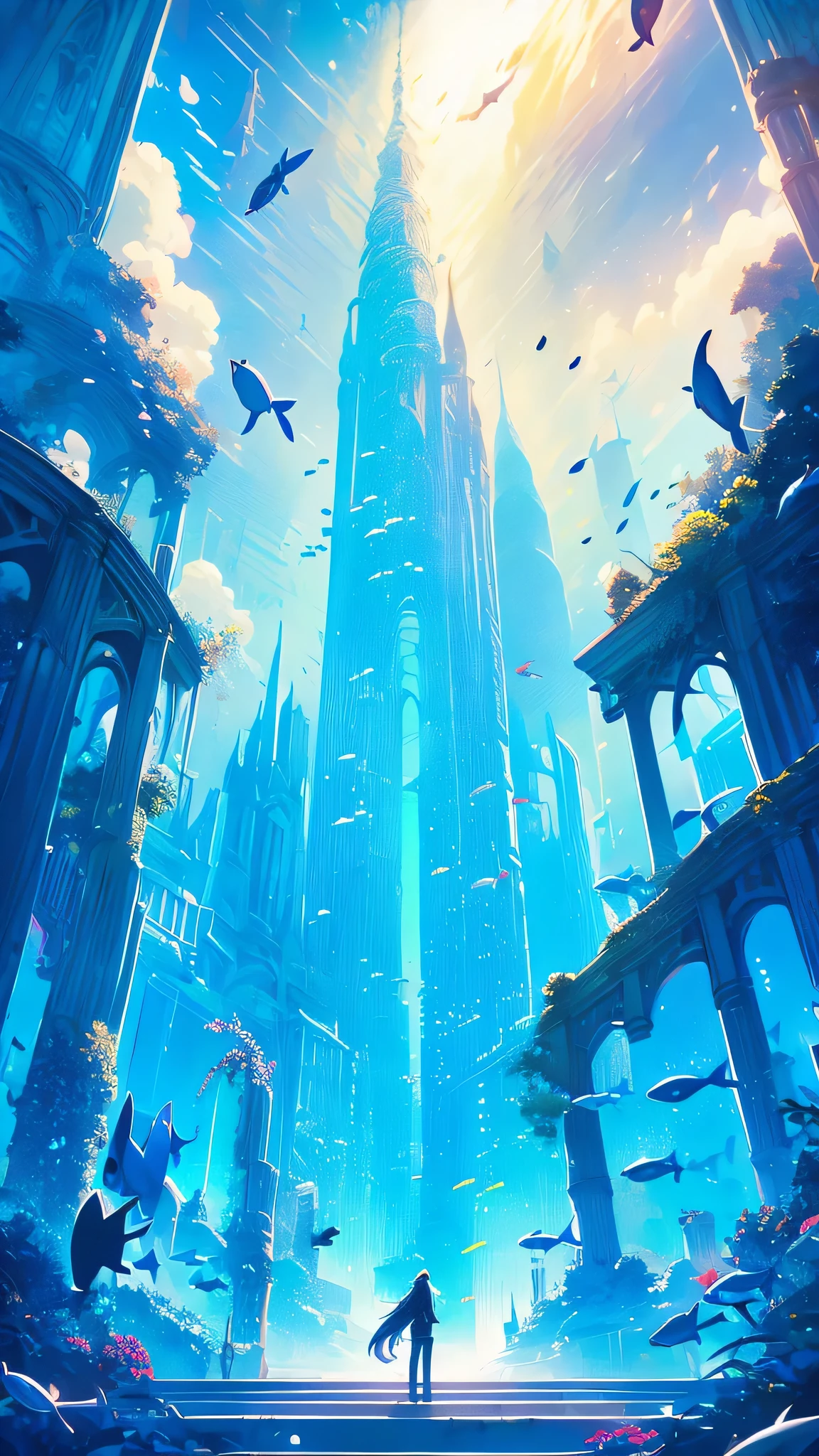 HDSJ, Blue Themes, pillar, Long hair, Black hair, Solo, scenery, column, Bubble, 1boys, Fish,Underwater