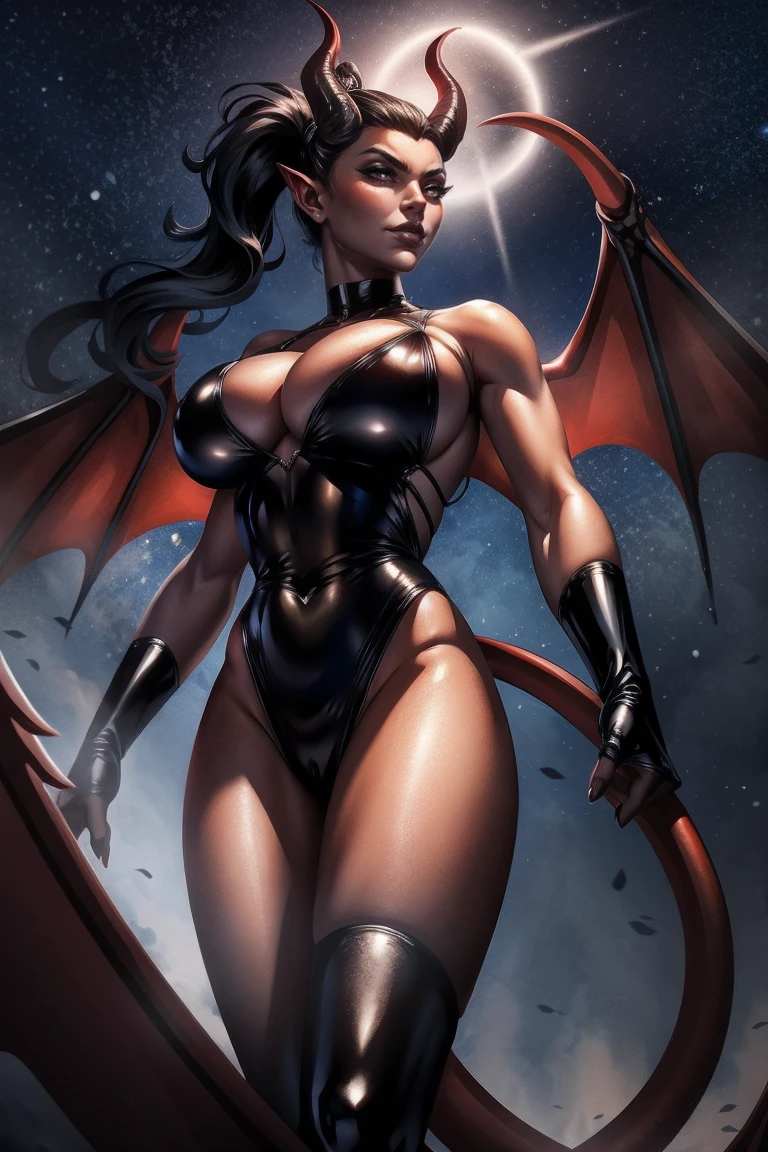 Red skin succubus tiefling, medium breasts, black horns, wings, huge tail, black leather, leotard, tall, athletic, graceful, thin, long black ponytail. Glamour shot. Dark romantic scene, night sky.