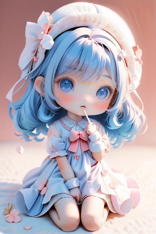 Girl Chibi, , Medium pastel red white, Luxury Fabric, Dithering, Widespread,Viewer Lucky Blue White,In a cellar color dress、、There are no protrusions on the head、There are no protrusions on the head、hat,high quality、high resolution、Ultra delicate、Cute big eyes beautiful cute