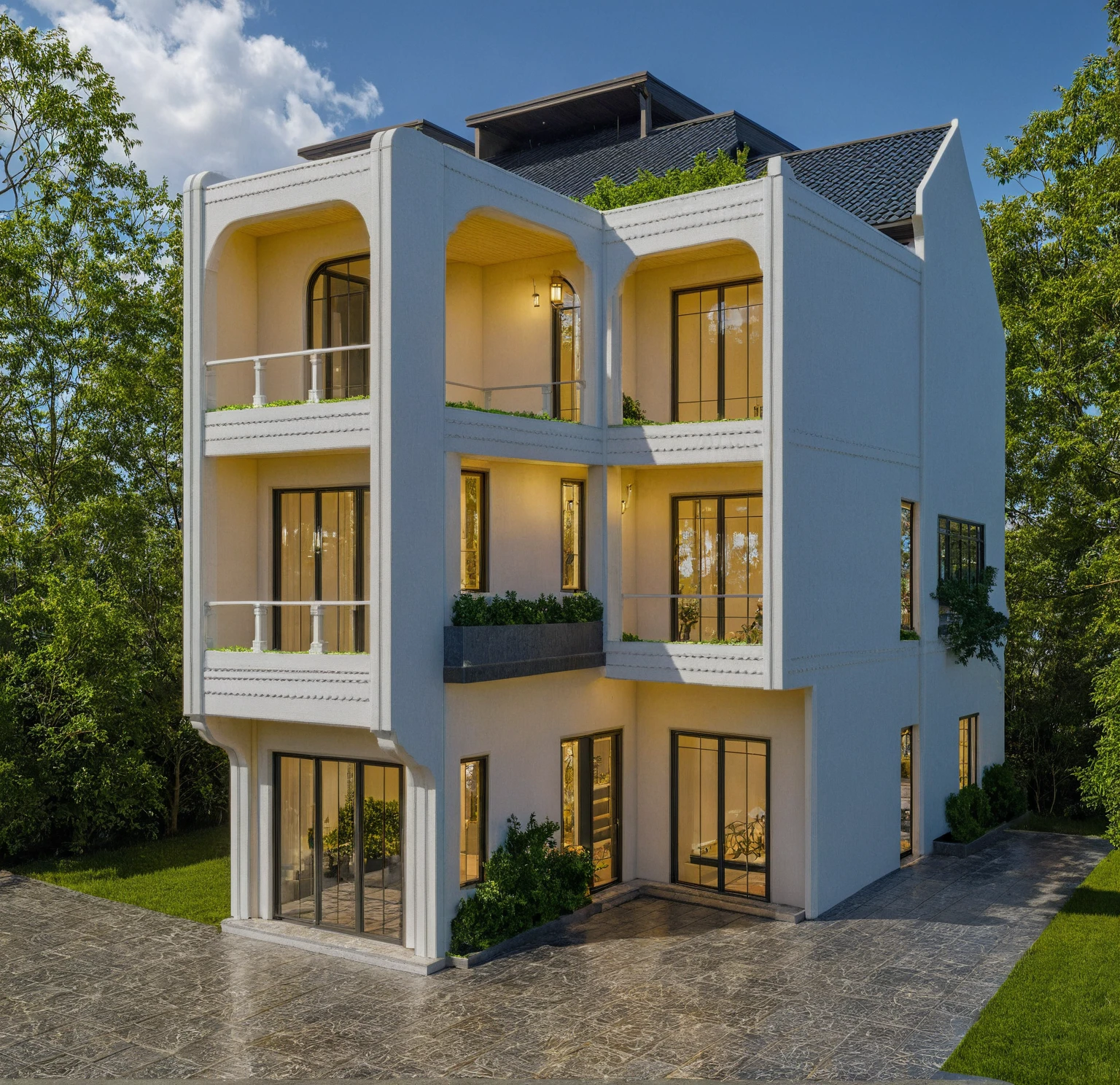 Raw photo,Masterpiece, high quality, best quality, authentic, super detail,
exterior, outdoors, house style indochine on the street ,aiaigroup
road,pavement, grass, trees, sky, cloud, (day:1.1)