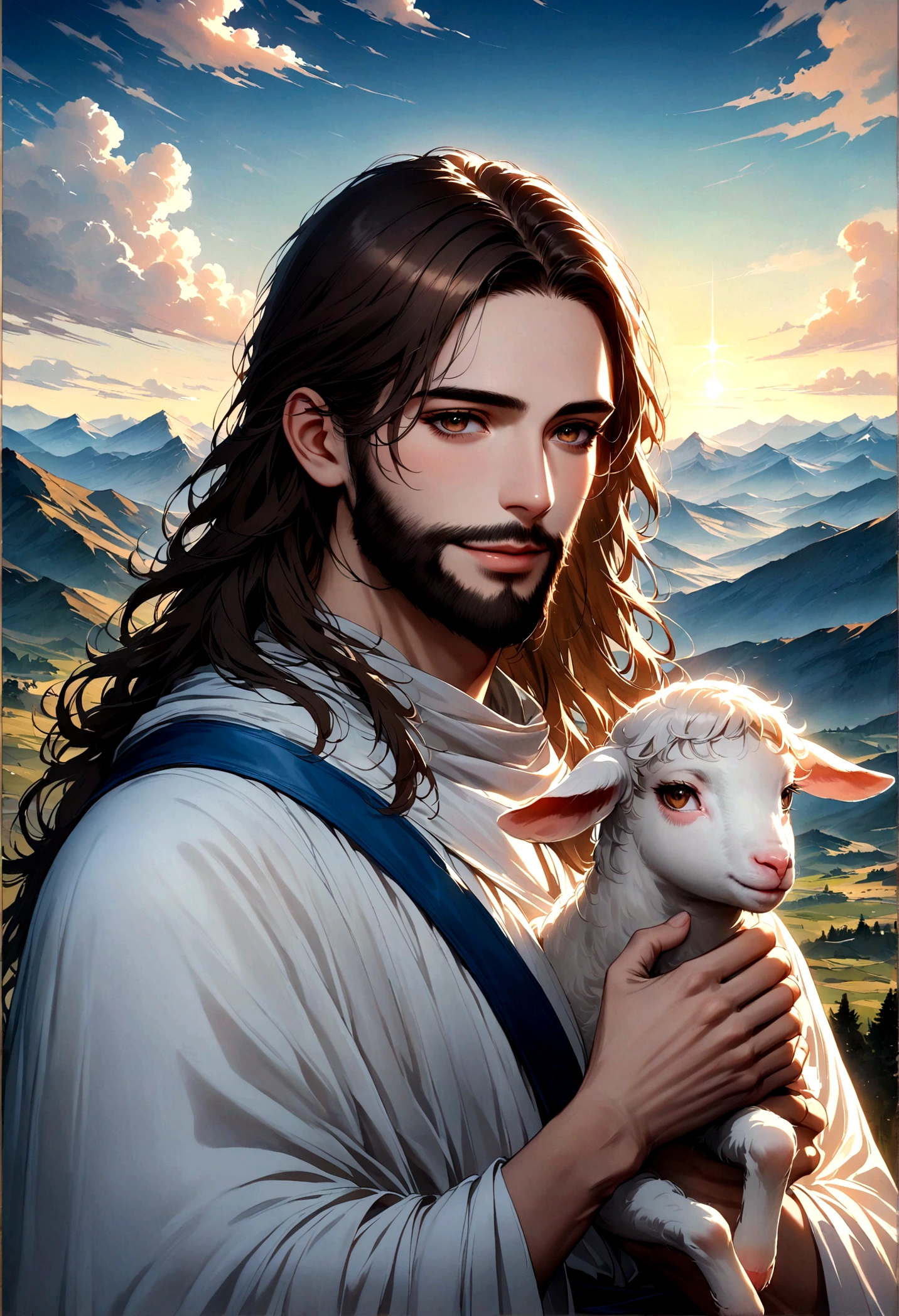 Jesus,portrait, Soft Light, A man with long brown hair and a beard, Wearing a white robe,Wearing a blue belt, Holding a lamb, Smile gently, Mountains and clouds in the background, 8K, painting