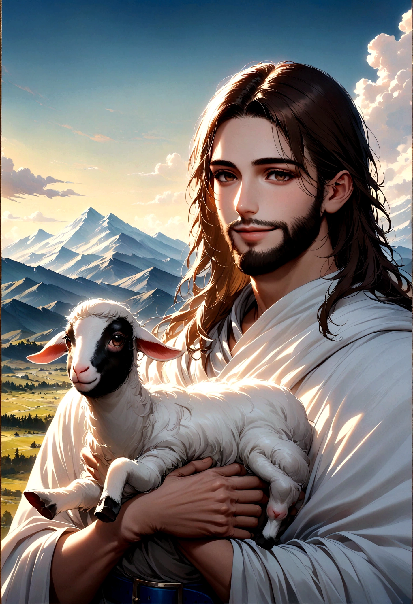 Jesus,portrait, Soft Light, A man with long brown hair and a beard, Wearing a white robe，Wearing a blue belt, Holding a lamb, Smile gently, Mountains and clouds in the background, 8K, painting