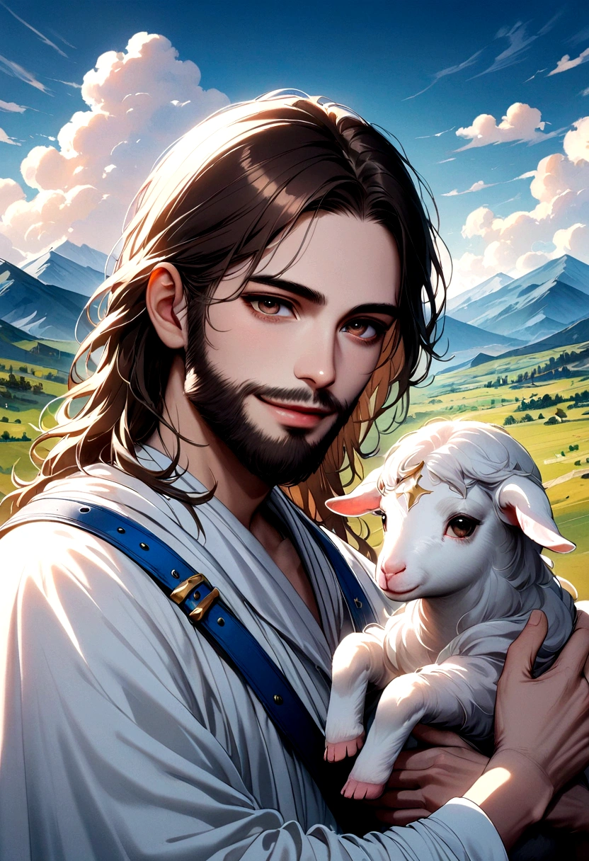 Jesus,portrait, Soft Light, A man with long brown hair and a beard, Wearing a white robe,Wearing a blue belt, Holding a lamb, Smile gently, Mountains and clouds in the background, 8K, painting