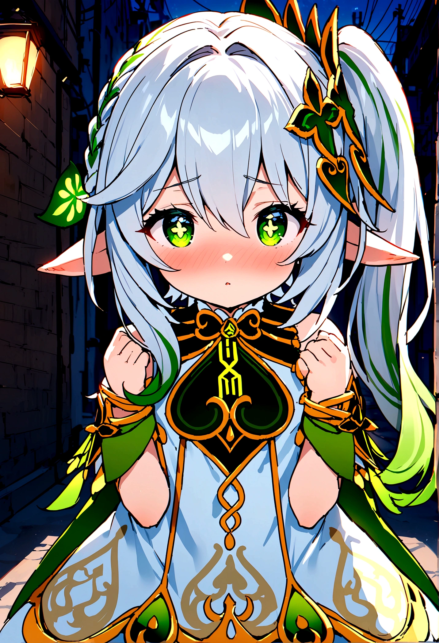 NSFW,masterpiece,Highest quality,High resolution,Super detailed,Nahida \(genshin impact\)、Green Eyes、dress、白いdress、Pointed Ears、Cruciform pupil、Symbol-shaped pupil、+ +、Side Ponytail、Long Hair、White Hair、Multicolored Hair、hair ornaments,Expose,blush,Expecting face,Night in the city,Alley
