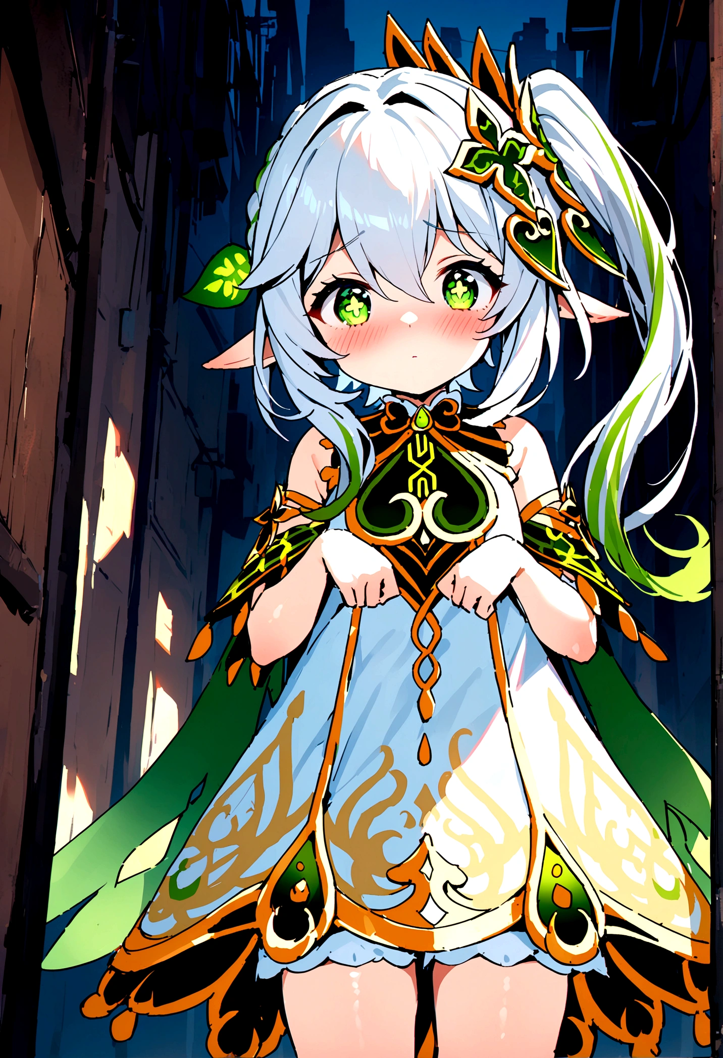 NSFW,masterpiece,Highest quality,High resolution,Super detailed,Nahida \(genshin impact\)、Green Eyes、dress、白いdress、Pointed Ears、Cruciform pupil、Symbol-shaped pupil、+ +、Side Ponytail、Long Hair、White Hair、Multicolored Hair、hair ornaments,Expose,blush,Expecting face,Night in the city,Alley