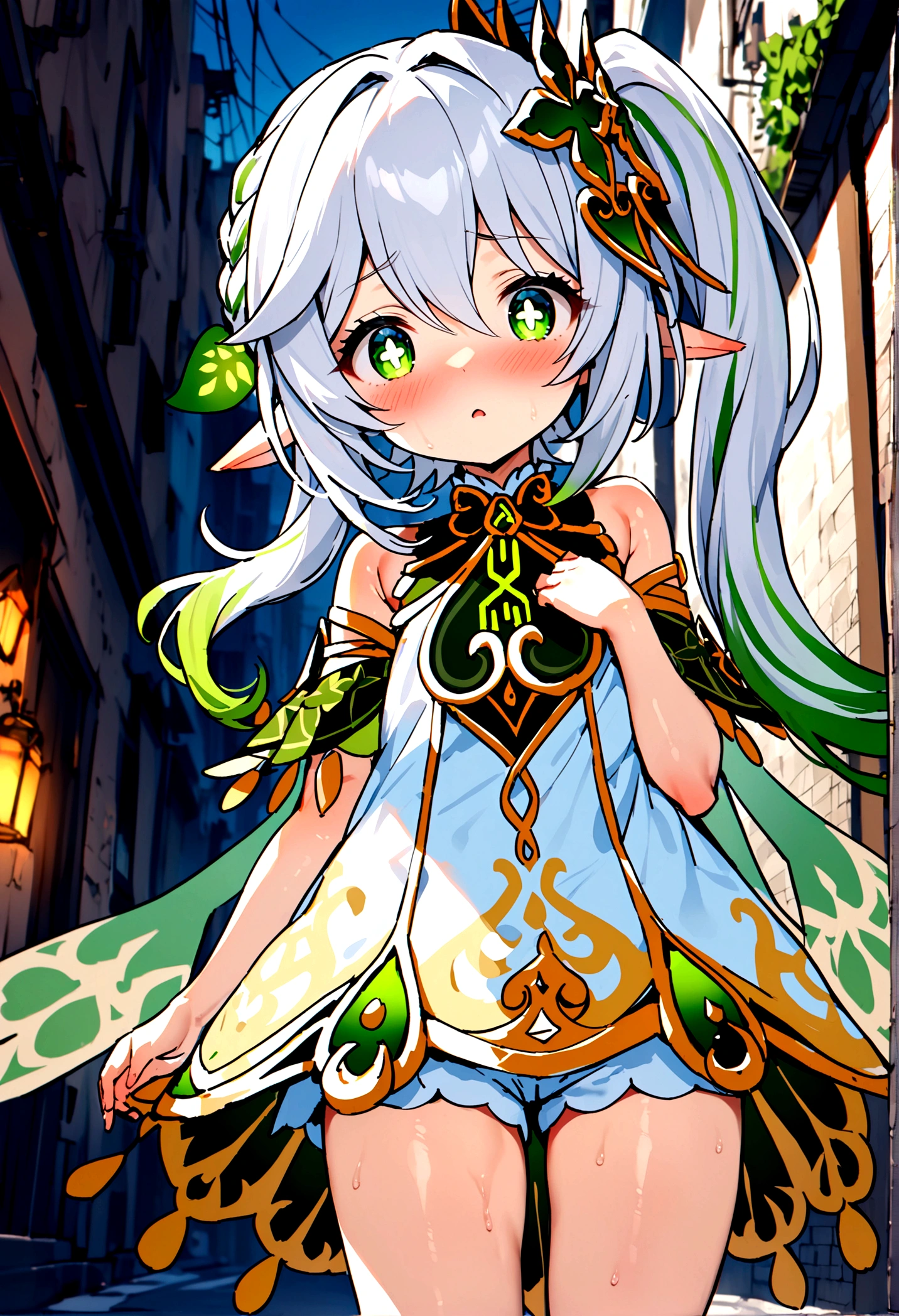 NSFW,masterpiece,Highest quality,High resolution,Super detailed,Nahida \(genshin impact\)、Green Eyes、dress、白いdress、Pointed Ears、Cruciform pupil、Symbol-shaped pupil、+ +、Side Ponytail、Long Hair、White Hair、Multicolored Hair、hair ornaments,Expose,blush,Expecting face,Night in the city,Alley