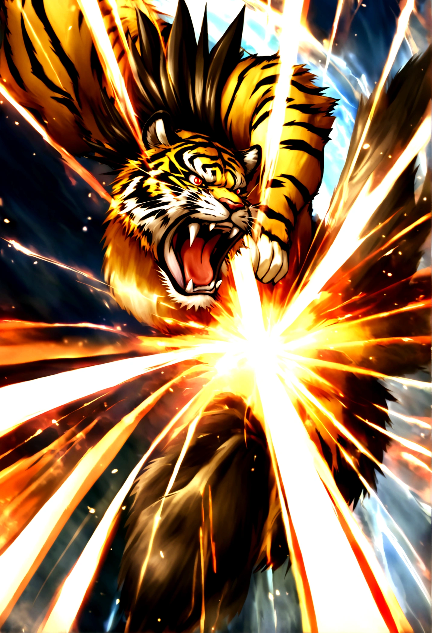 Generate a design of shenlong the tiger from bloody roar 2 angry and with red eyes on a black and gray draw