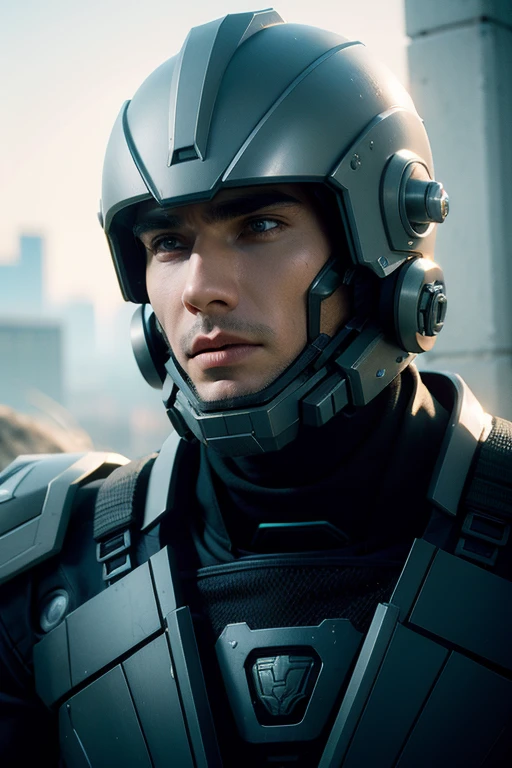 A lone warrior, futuristic helmet, extremely detailed face, piercing eyes, intense expression, muscular physique, advanced armored battle suit, high-tech sci-fi weapon, post-apocalyptic wasteland, dramatic moody lighting, cinematic composition, digital painting, vibrant colors, strong contrast, photorealistic, hyper detailed, 8K, best quality