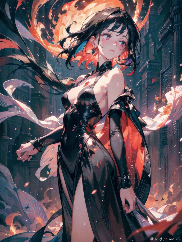 absurdres, RAW photo, extremely delicate and beautiful, masterpiece, Best Quality, ultra high resolution, 32k, hyperrealistic, ultra-detailed, delicate facial features, beautiful detailed woman, tearful mole, earring, medium , full body shot, medium hair, black hair, fire witch, blood, light particles, light rays, high contrast, colorful,