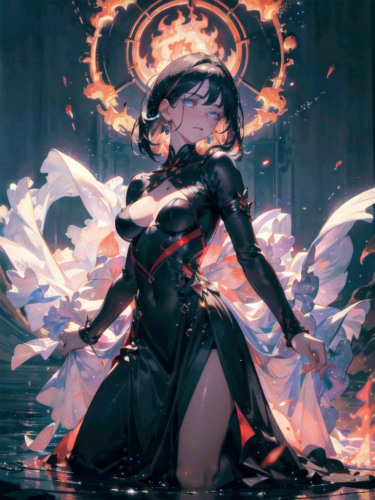 absurdres, RAW photo, extremely delicate and beautiful, masterpiece, Best Quality, ultra high resolution, 32k, hyperrealistic, ultra-detailed, delicate facial features, beautiful detailed woman, tearful mole, earring, medium breasts, full body shot, medium hair, black hair, fire witch, blood, light particles, light rays, high contrast, colorful,