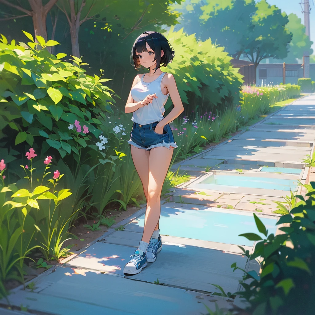 (high quality, High resolution, Very detailed, reality:1.37), Peaceful atmosphere, (Outdoor, garden), Teenage girl standing alone, (my breasts are big.), Beautiful details, Cute Smile, (Black bob hair), White tank top, Denim shorts, Blue socks, sneakers.