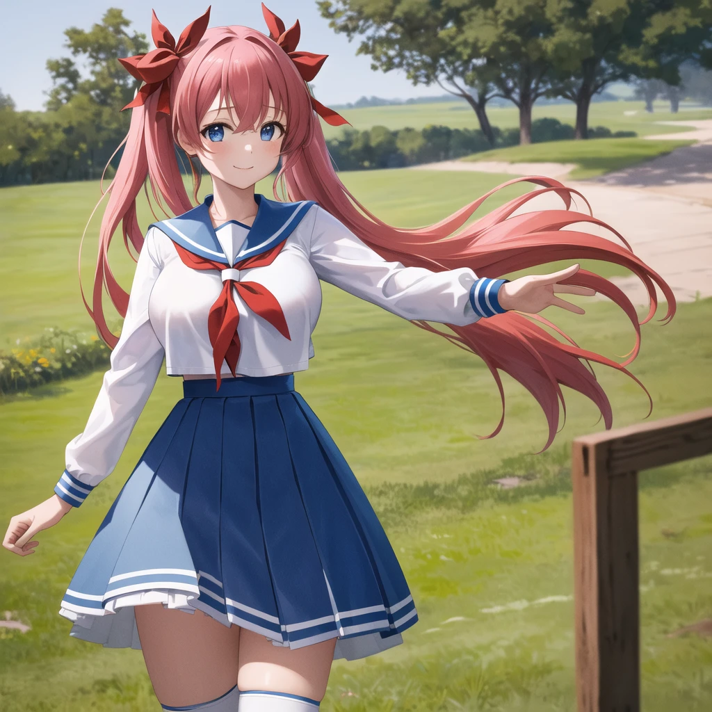 masterpiece, Highest quality, High resolution, One girl, Anodoka, Twin tails, Hair Ribbon, Large Breasts, , Seraphim, Blue sailor collar, Red neckerchief, White shirt, Long sleeve, Blue Skirt, Pleated skirt, White knee socks, Cowboy Shot, Are standing, Outdoor, smile, wave hands