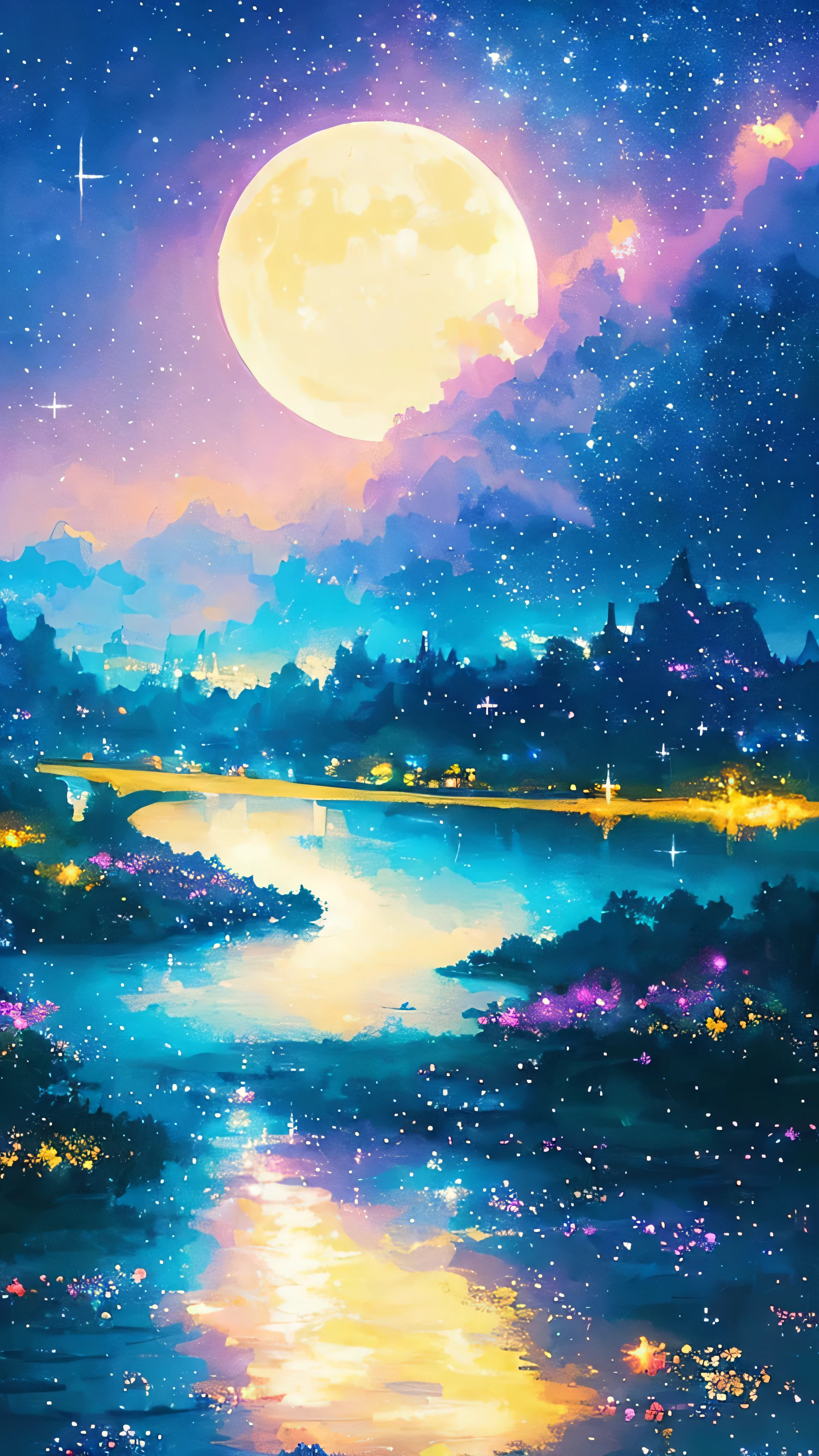 ((huge pale yellow moon))((A girl who looks up at her profile and is subjectively depicted))、((crying girl))、Profile girls、On a multicolored background、Painting of a river with stars and moon in a rainbow sky、Shining skyscrapers、shine all over、Concept art inspired by Mitsuoki Tosa、pixiv contest winner、highest quality、fantasy art、beautiful anime scene、bright moon、moonlit star environment、dream picture、anime backgroundアート、fantasy landscape art、fantasy knight、anime background、background artwork、great art、Atmospheric anime、starry sky、Detail has been enhanced。