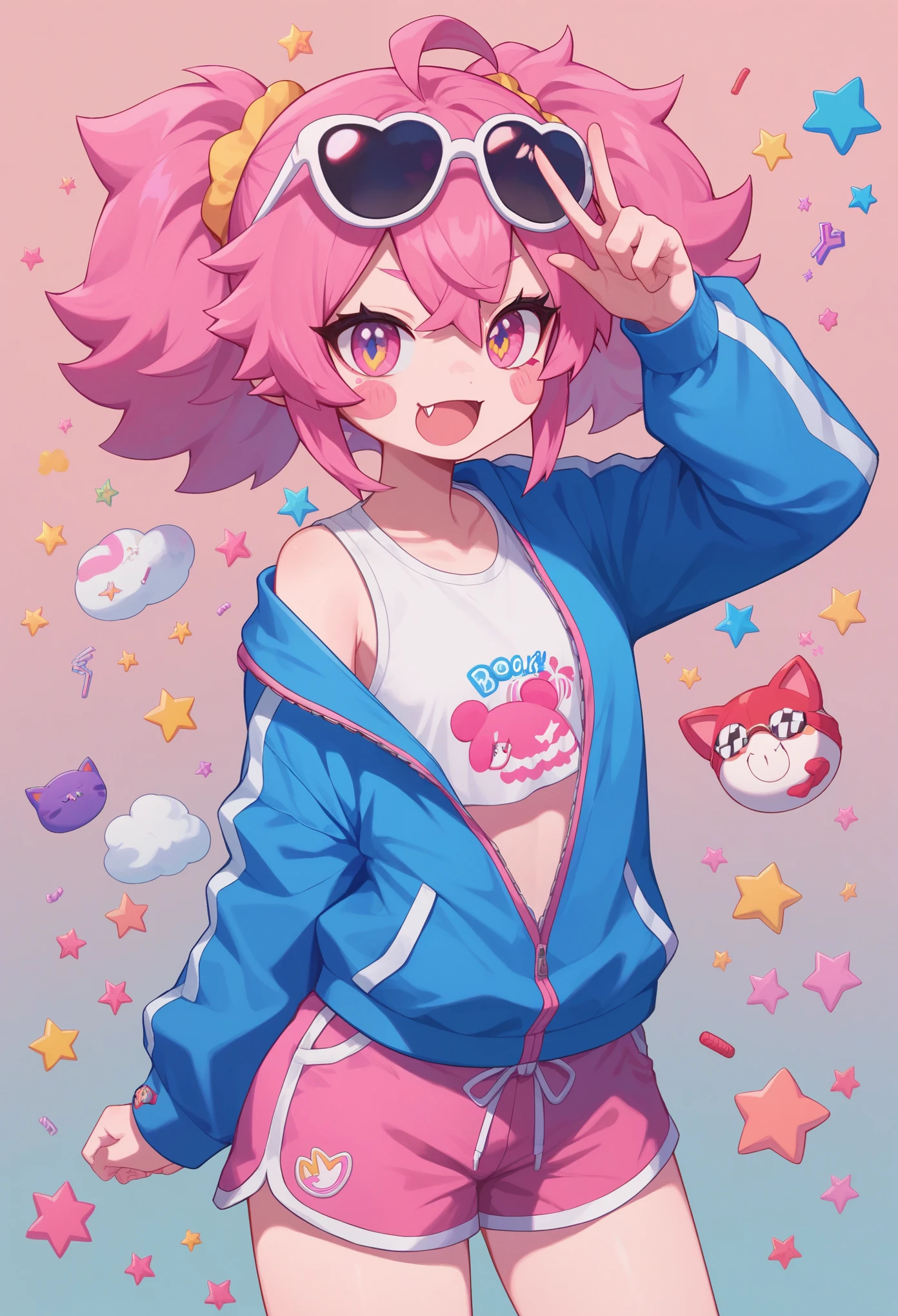 Score_9,score_8_up,score_7_up, muse_style, 1girl, solo,  mesugaki,:3,bunches,curvy,looking at viewer,blush stickers,colored sclera,pink hair,fang out,sports sunglasses,loose clothes,shorts,sprinkles,happiny,cartoonized,graffiti,pink theme,gradient background,