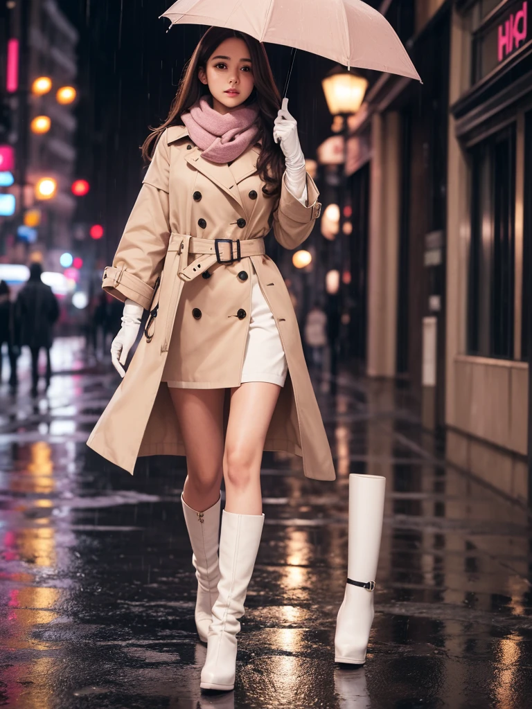 1girl with long brown hair wearing a fully buttoned up and belted buckle beige trench coat with a large pink winter wool scarf and white gloves at the hard rainy night city street full body 8k