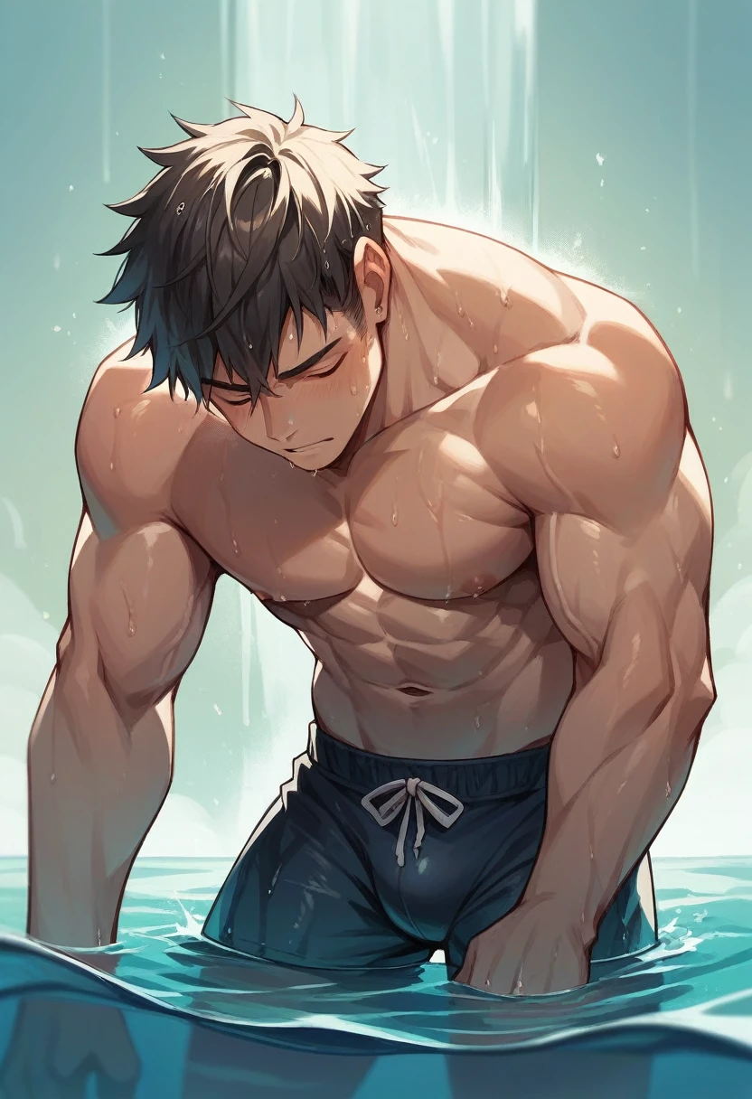 Generate a image of a  boy of age 18  having a average muscular body shirtless and wearing a tight and wet swimming brief 