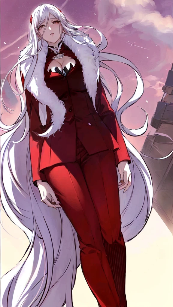 a close up of a woman in a red suit and fur coat, white haired deity, curvaceous body, huge breast (open breast ), wide waist, tigh tick, official art, with long white hair, white fox anime, crimson attire, zero two, in his suit, with white long hair, official character art, lady gestella from eleceed manhwa, she is wearing a suit, digital art from danganronpa, dapper dream demon, anime cover