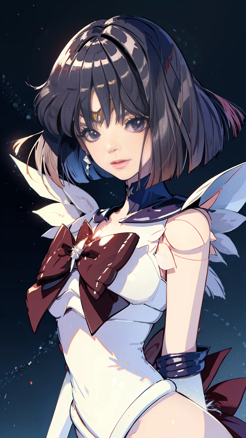 Sailor Saturn, 1 girl, Bblack hair, shorth hair, purples eyes, detailedeyes, simple background, female focus, standing alone, standing, Tomoe Hotaru, portraite, whole body, (work of art:1.0), (best qualityer:1.0) , (8 k wallpaper:1.0), (detailed gorgeous face:1.0), (detailed deep eyes), deep eyes, gazing at viewer, Sailor Scout, lilac bow on the chest, lilac skirt, whitegloves,,