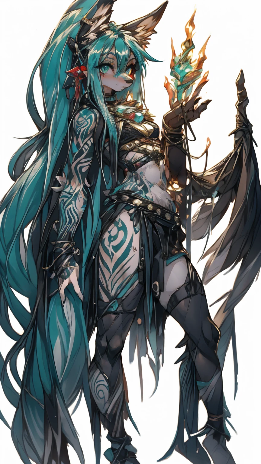Miku Hatsune, add high definition_detail:1, blue fur,kitsune ears, tribal tattoo add_detail:1, in hell add_detail, barefoot, beautiful legs
