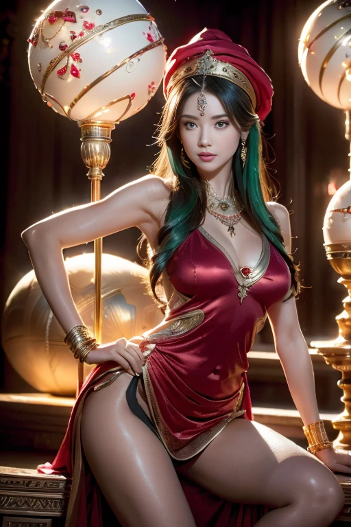 ((1girl, solo ,alone, long hair, green hair, yellow eyes, hair covering one eye, woman, (one hand on her hip) , dynamic pose, muscular female, gold bracelets, ruby earrings)), fitness, ((solo, (1woman, pink lipstick), Extremely detailed, ambient soft lighting, 4k, perfect eyes, a perfect face, perfect lighting, a 1girl)), ((fitness, , shapely body, athletic body, toned body)), ((long red dress, evening dress, luxurious dress, fancy dress, red hat, elegant hat, high heels, mansion, muse, gold jewelry, gold necklace, gold bracelet)), she has beautiful small eyes and long natural eyelashes, she has small but little full rose lips, high quality, 8K Ultra HD, masterpiece, beautiful woman, create a whimsical moment where zoltar magical geode ball creates a big bang super nova powerful and luminous explosion of a star, quantum fluctuations, cosmic rays, gravitational waves, milky way in the style of tarot and microsoft 3D pinball space cadet, double long exposure movie still, best quality, masterpiece, highres, 1girl,china dress,hair ornament,necklace, jewelry,Beautiful face,upon_body, tyndall effect,photorealistic, dark studio, rim lighting, two tone lighting,(high detailed skin:1.2), 8k uhd, dslr, soft lighting, high quality, volumetric lighting, candid, Photograph, high resolution, 4k, 8k, Bokeh, she has beautiful small eyes and long natural eyelashes,
