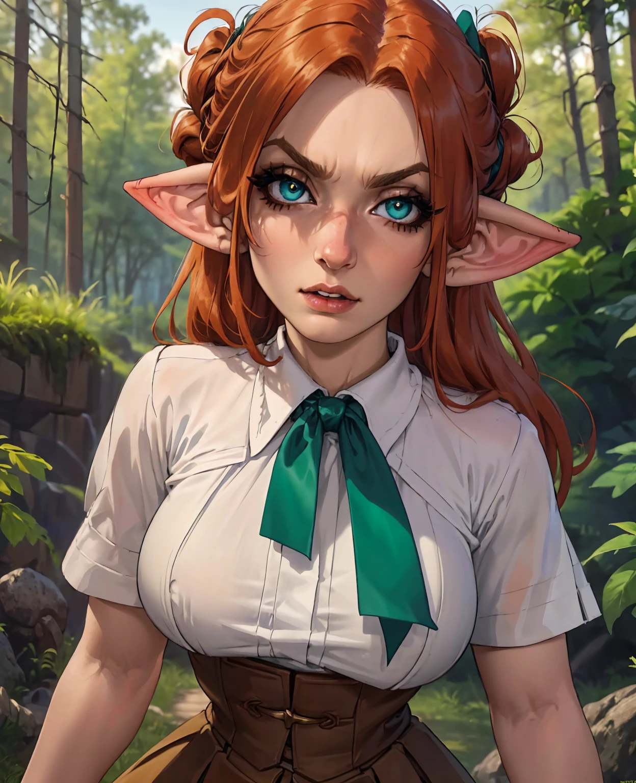 detailed portrait of a cute goblin girl, beautiful detailed eyes, beautiful detailed lips, extremely detailed face, long eyelashes, pointed ears, emerald green skin, reddish-orange hair in a messy updo, wearing a tattered brown dress, standing in a dark and mysterious forest, moonlight shining through the trees, (best quality,4k,8k,highres,masterpiece:1.2),ultra-detailed,(realistic,photorealistic,photo-realistic:1.37),fantasy,digital painting,concept art,vibrant colors,dramatic lighting