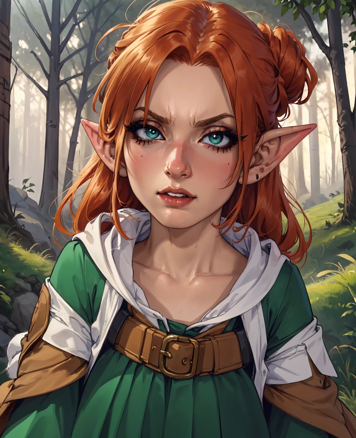 detailed portrait of a cute goblin girl, beautiful detailed eyes, beautiful detailed lips, extremely detailed face, long eyelashes, pointed ears, emerald green skin, reddish-orange hair in a messy updo, wearing a tattered brown dress, standing in a dark and mysterious forest, moonlight shining through the trees, (best quality,4k,8k,highres,masterpiece:1.2),ultra-detailed,(realistic,photorealistic,photo-realistic:1.37),fantasy,digital painting,concept art,vibrant colors,dramatic lighting