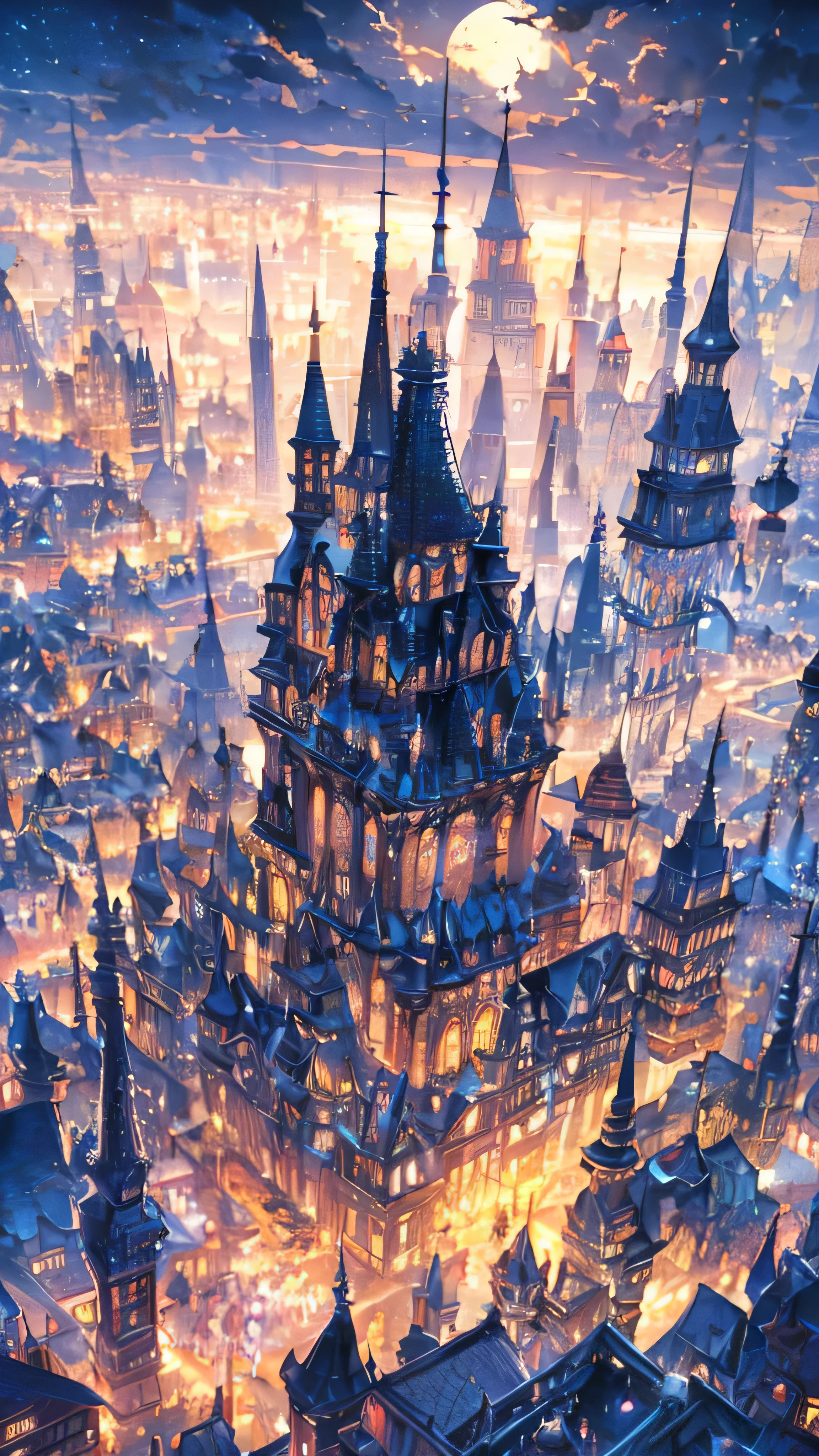 haze, Thomas Kinkade, Aaron Wiesenfeld、Beksinki、Adrian Eversen、Gedimins Plankevicius、Escher, Intricately refined textures, Matte painting details, Deep Color, wonderful, A mysterious school of magic with intricate details、Night Sky、Beautiful Full Moon、SakuraFubuki、Night Scenery