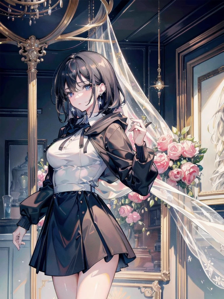absurdres, RAW photo, extremely delicate and beautiful, masterpiece, Best Quality, ultra high resolution, 32k, hyperrealistic, ultra-detailed, delicate facial features, beautiful detailed woman, tearful mole, earring, medium breasts, full body shot, medium hair, black hair, collared dress shirt, hoodie jacket, skirt,