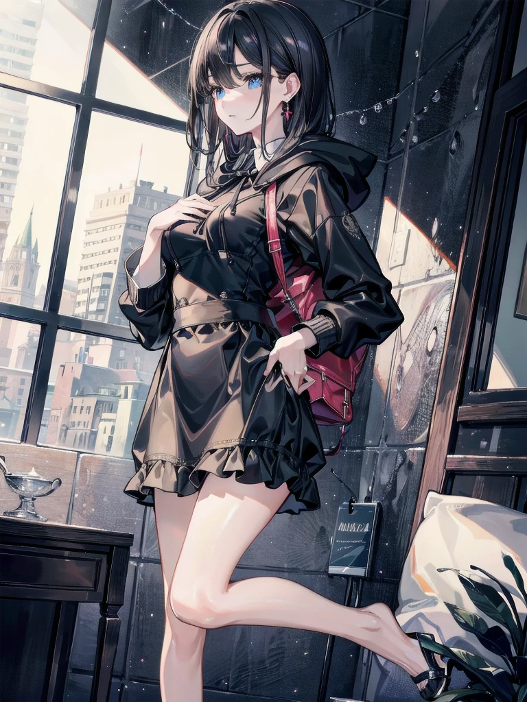 absurdres, RAW photo, extremely delicate and beautiful, masterpiece, Best Quality, ultra high resolution, 32k, hyperrealistic, ultra-detailed, delicate facial features, beautiful detailed woman, tearful mole, earring, medium breasts, full body shot, medium hair, black hair, collared dress shirt, hoodie jacket, skirt,