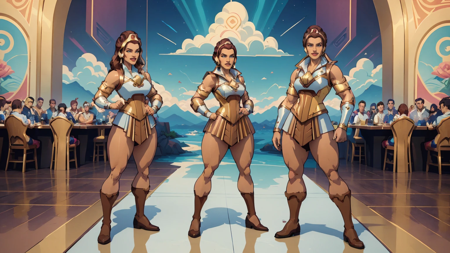 ((masterpiece,best quality)),((character design sheet)),((full body view))1girl, teela, brown hair, blue eyes, armlet, breastplate, dark skin, vambraces, armor, smile, solo, looking at viewer,  40s fashion appearance, in style of digital illustration, pinup art, lois van rossdraws, artstyle : ilya kuvshinov, deviantart artstation cgscosiety, stunning digital illustration, soda themed girl, beautiful retro art, jen bartel, milkshake, matte digital illustration, glossy digital painting, ((curvy body)),blue sky