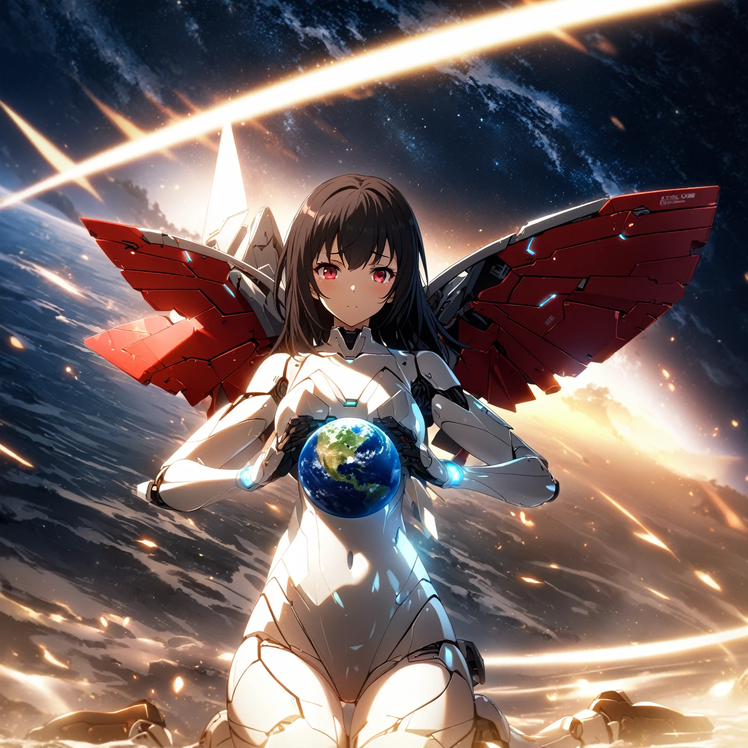 1girl、Black hair, red eyes,Leotards, earth, clear vinyl dresses, wariza、mechanical wings,android, joints, robot joints、deep faint light 、 detailed CG、high resolution
