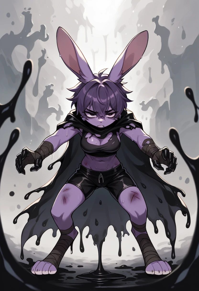 create a picture of a female half rabbit character with purple giant rabbit digitigrade legs with white paws, put purple rabbit ears on top of her head, make her wearing a black athletic tank top and black shorts, put purple fur on her arms from her elbows down, give her short brown hair, make her legs look fluffy and furry, make it in an anime style, make her outfit slightly tattered and torn, make her look super tired, give her black gauntlets, make the background look like a pitch black wet environment, cover her fur in black goo, make the black goo dripping from her arms and legs, make her look bruised, put her in a defeated stance, give her a black tattered cape, give her moderate breasts, give her several large bandages, cover the ground in black goo, make it raining black goo