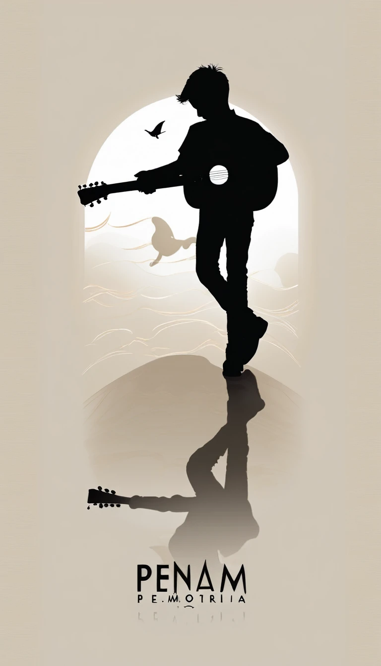 Create a minimal, modern, simple, inspirational, memorable, dream like logo design of the silhouette a boy bowing with his acoustic guitar for the brand “Penamemoria". 
