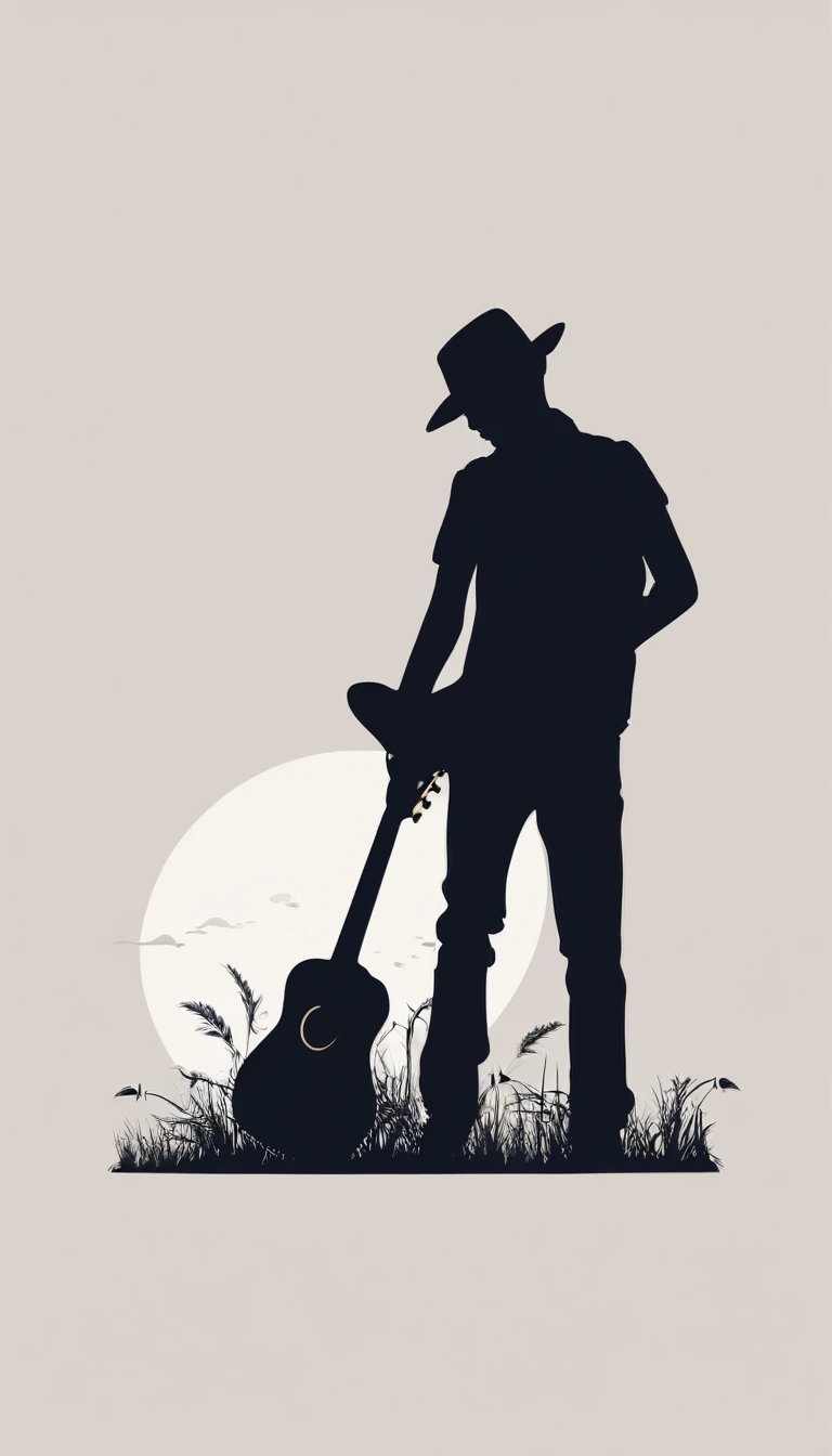 Create a minimal, modern, simple, inspirational, memorable, dream like logo design of the silhouette a boy bowing with his acoustic guitar for the brand “Penamemoria".