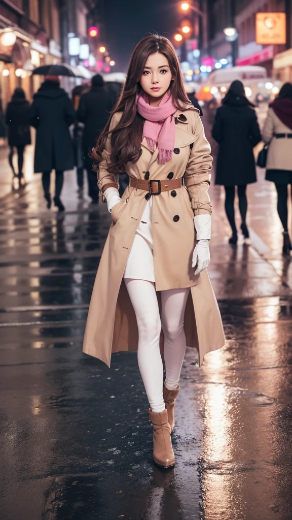 1girl with long brown hair wearing a fully buttoned up and belted buckle beige trench coat with a large pink winter wool scarf and white gloves at the hard rainy night city street full body 8k
