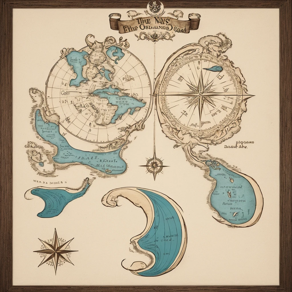 Create a detailed 2D illustration of a map featuring several islands scattered across a wide ocean, inspired by the One Piece anime. Each island should be uniquely shaped and include features such as mountains, forests, rivers, and beaches, depicted in a stylized, map-like manner. The islands should have clear labels with names in an elegant, handwritten font. In the ocean, include a classic wooden sailing boat with white sails, resembling the Going Merry or Thousand Sunny from One Piece, positioned near one of the islands. Add iconic elements from the One Piece world, such as the Straw Hat Pirates' Jolly Roger, sea monsters, and a compass rose in the style of a Log Pose. The map should have a vintage, nautical theme with decorative borders. Use a color palette that includes earthy tones for the land and various shades of blue for the ocean, evoking an adventurous and whimsical charm.