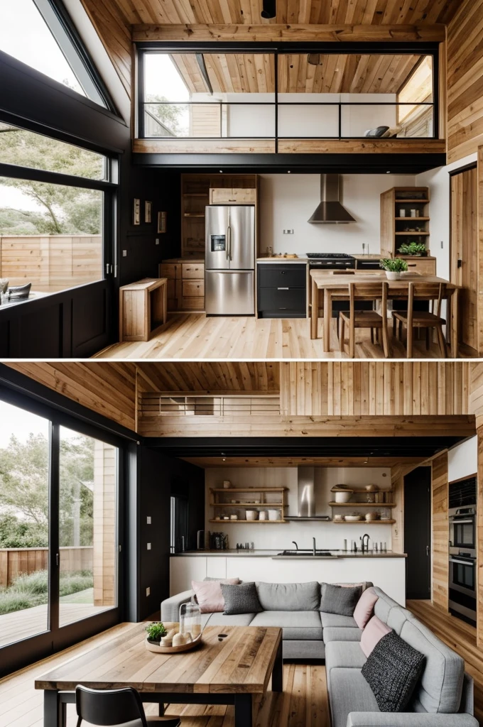 
A cozy, modern tiny house with an inviting and functional design. The space features a wooden interior with light, natural tones that create a warm and welcoming atmosphere. The main living area includes a blush pink sofa with grey cushions, a set of stylish nested coffee tables, and a black woven pendant light hanging from the ceiling. The open-concept layout includes a dining area with a simple black dining table and chairs, situated next to a wooden sliding barn door that leads to a small but efficient kitchen. Above the kitchen area, a loft with a comfortable bed can be accessed via a set of wooden stairs that double as storage shelves. The design blends practicality with aesthetic appeal, making the most of every square foot.