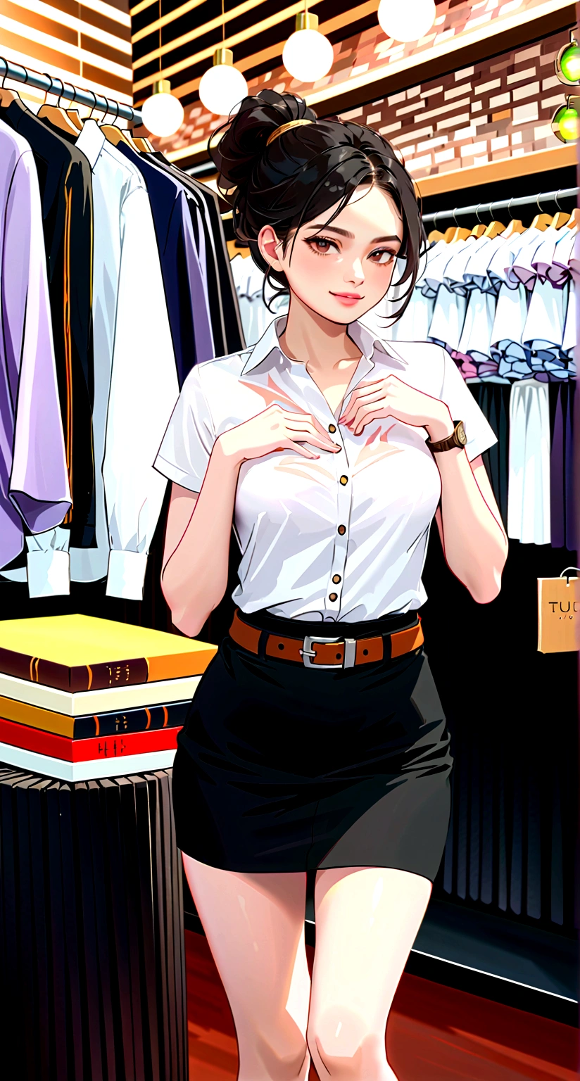 a cute young college woman, smiling, posed in a fashion store, ponytail, white short sleeve shirt, collared button down shirt, black pencil skirt with belt, (best quality,4k,8k,highres,masterpiece:1.2),ultra-detailed,fashion,portrait,studio lighting,gorgeous lighting,beautiful woman,warm colors,elegant,stylish outfit,flawless skin,intricate detail