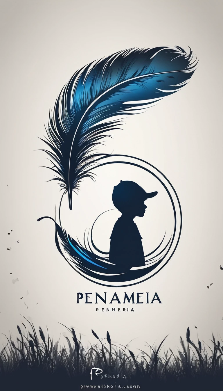 Create a minimal, modern, simple, inspirational, memorable, dream like logo design of a boy and a feather for the brand “Penamemoria".