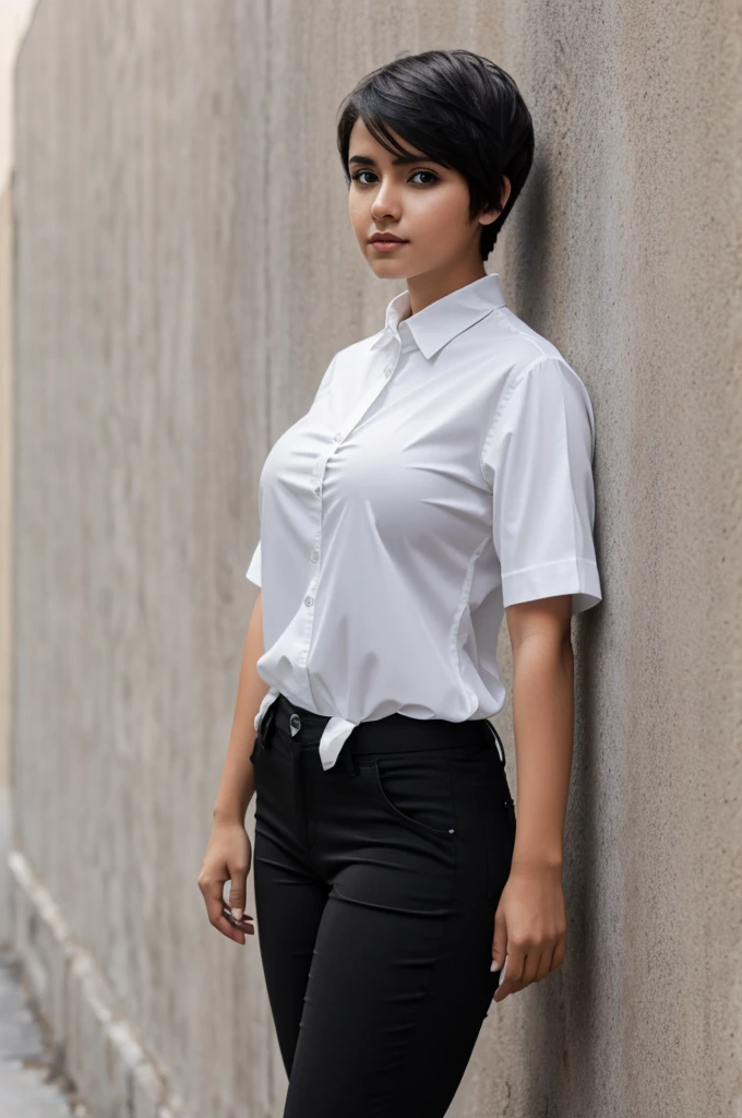 Metal girl with short hair and big breasts standing behind a wall of white skin and wearing a black shirt and black pants Mexican