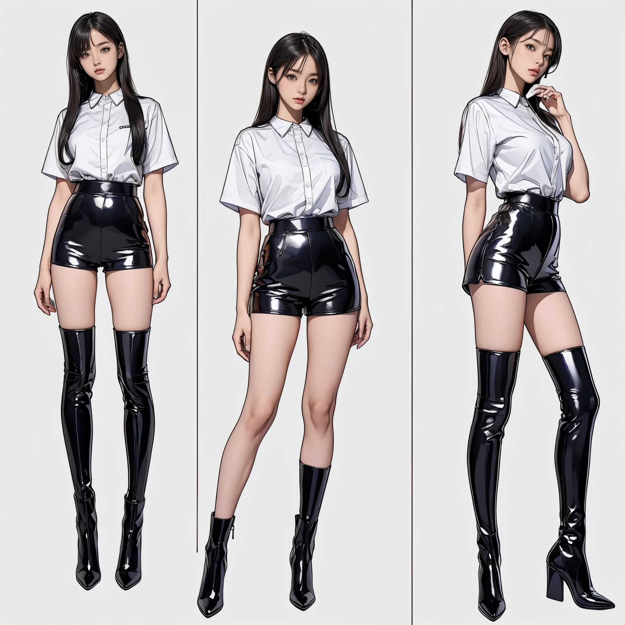 ((masterpiece,best quality;1.3,best illustration)),((character design sheet)) headphone, 1 woman,19 year old attractive beauty, Wearing the, seoul, Wearing black patent short pants,Wearing a short shirt,wearing long boots,(((no background))),165cm,