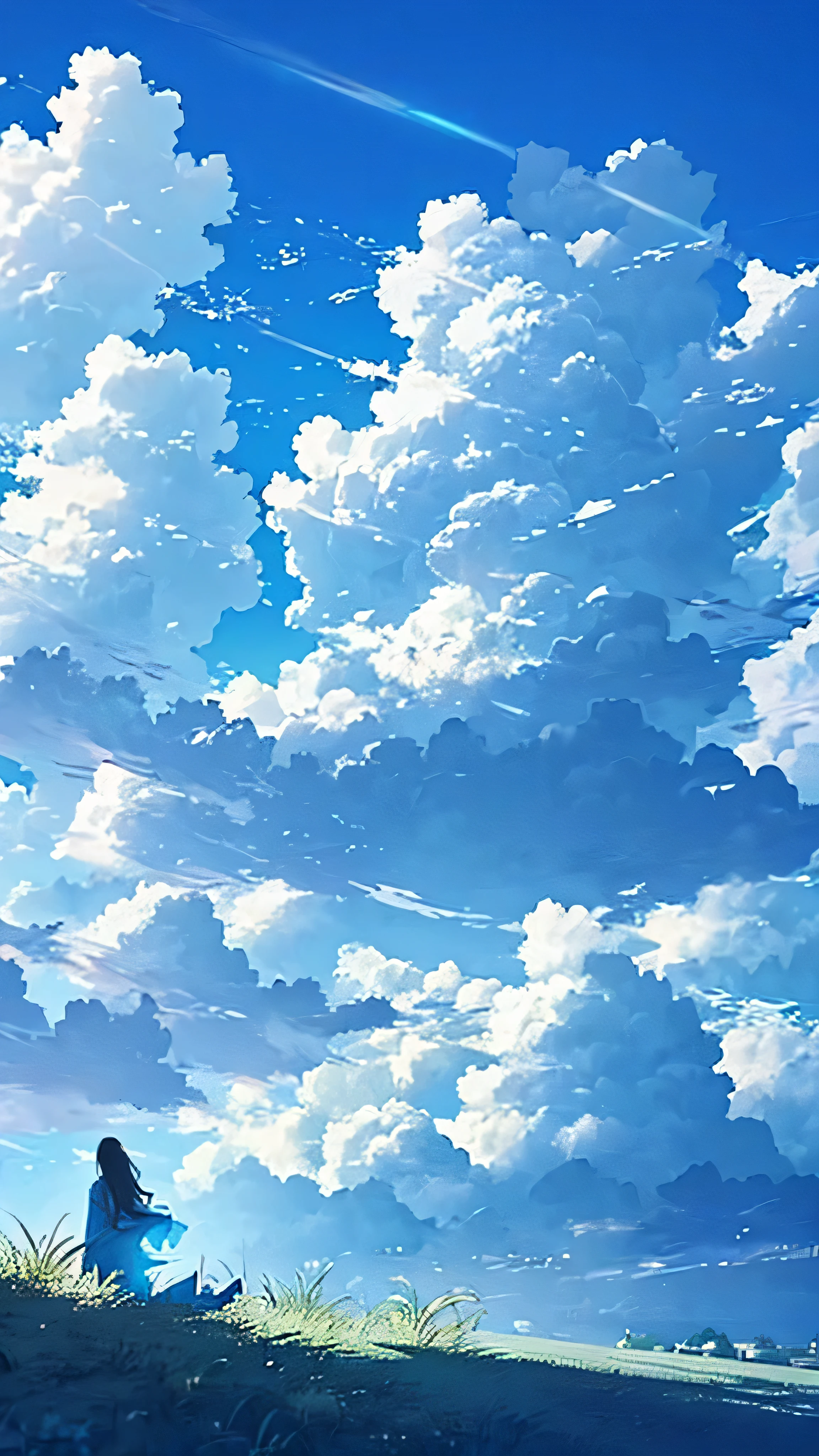 A single figure floats serenely in a vast, vivid blue sky filled with enormous, highly detailed cumulus clouds. The scene captures an ethereal moment, with the individual seemingly suspended in mid-air, surrounded by layers of fluffy white and blue clouds that create a sense of depth and movement. Sunlight filters through the clouds, casting gentle shadows and illuminating the various shades of blue and white, adding a dreamlike quality to the image. The overall atmosphere conveys a sense of tranquility, freedom, and wonder, as if the person is drifting through a boundless, heavenly expanse.