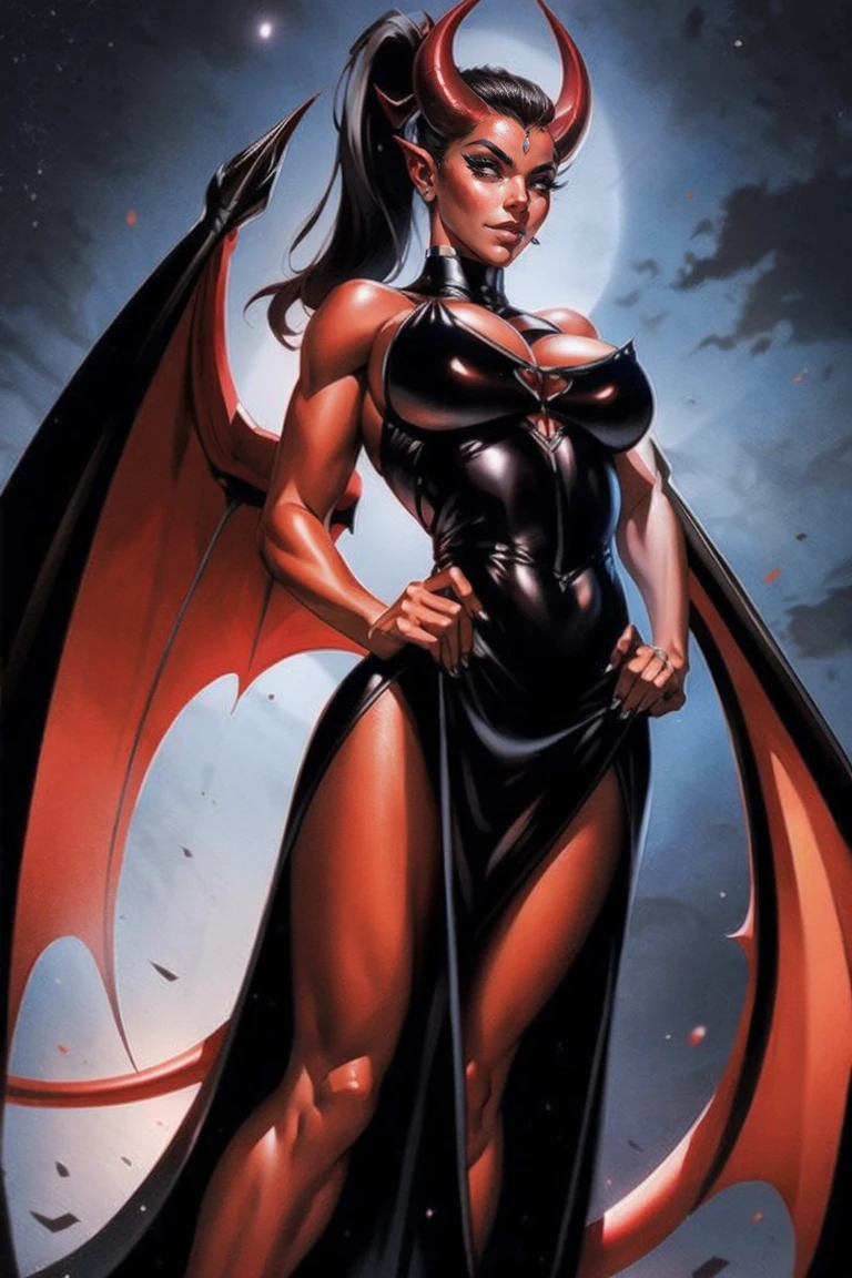 Red skin succubus tiefling, medium breasts, black horns, wings, huge tail, black leather, long flowing pelvic curtain, tall, athletic, graceful, thin, long black ponytail. Glamour shot. Dark romantic scene, night sky.