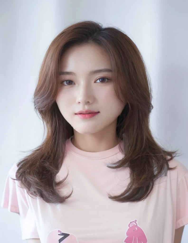 Best Quality, 8k, Masterpiece, (Portrait: 1.3), (photo realistic:1.4), (hyper realistic:1.4), Sharp Focus, looking at viewer, (smoother lighting:1.1), (increase cinematic lighting quality:0.9), realistic lighting, backlighting, light on face, ray trace, (brightening light:1.2), (Increase quality:1.4), sharp detail, (best quality real texture skin:1.4), finely detailed eyes, black_eyes, finely detailed face, 25 year old Korean woman, (pink T_shirt :1.8), (Create an image maintaining the original base model hairstyle:1.5)