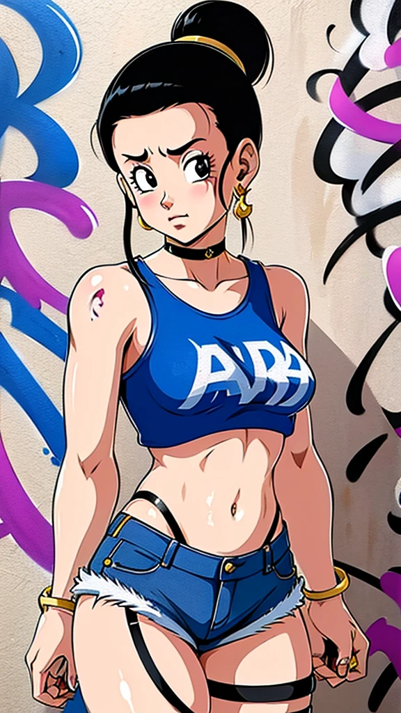 masterpiece, best quality, 1girl, solo, crop top, denim shorts, choker, (graffiti:1.5), arms behind back, against wall, looking at viewer, armband, thigh strap, head tilt, bored, black hair, Black eyes, headset, chichi.
