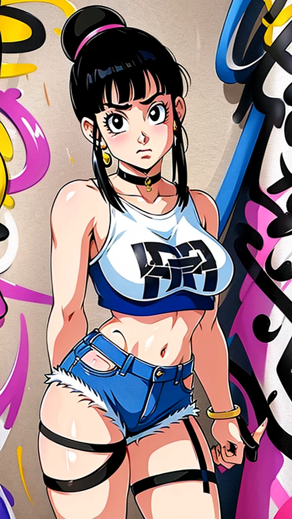 masterpiece, best quality, 1girl, solo, crop top, denim shorts, choker, (graffiti:1.5),  arms behind back, against wall, looking at viewer, armband, thigh strap, head tilt, bored, black hair, Black eyes, headset, chichi.